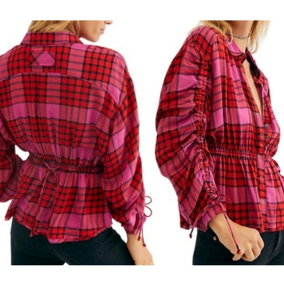 Free People Pacific Dawn Red Pink Black Plaid NWT